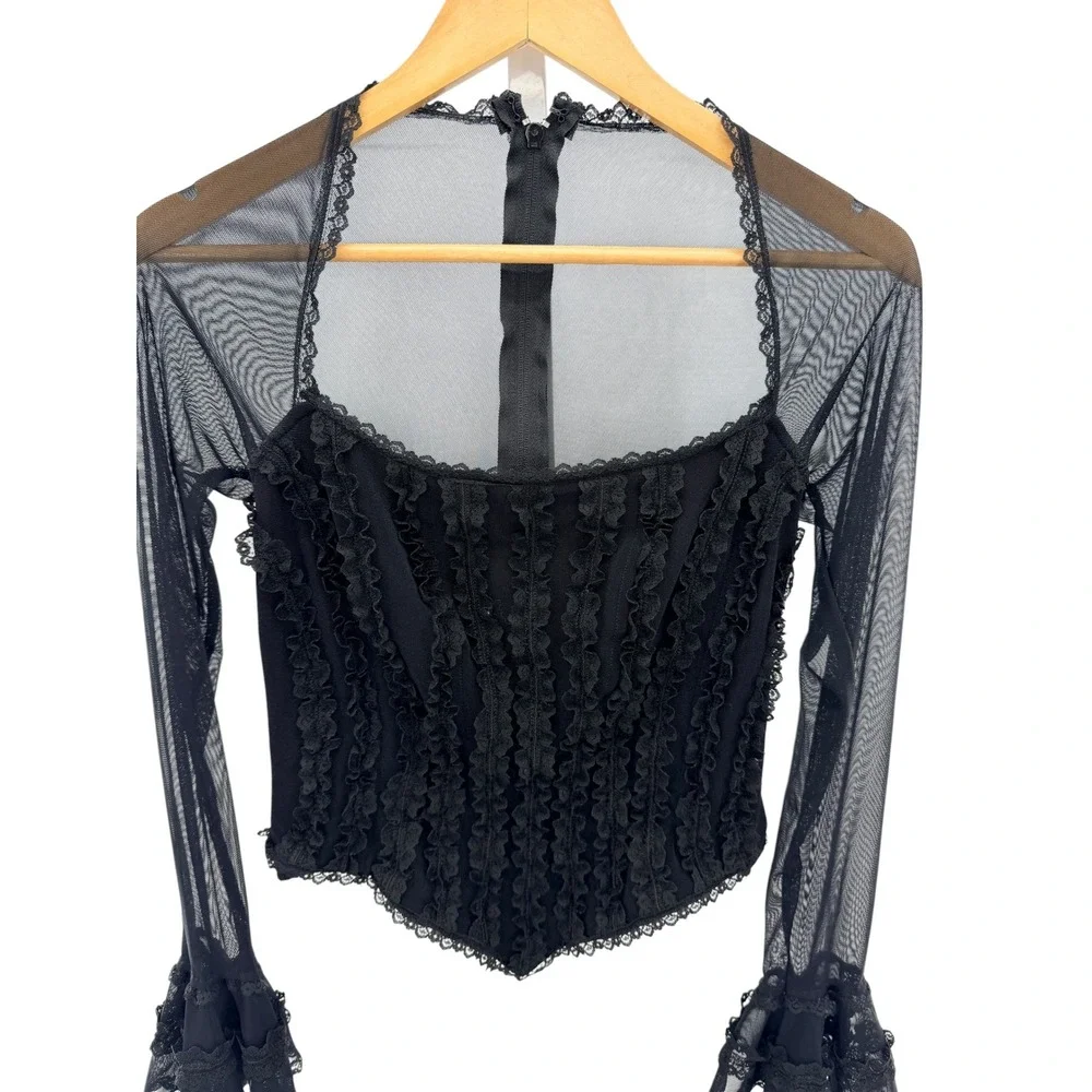 Tadashi Black Mesh Ruffle Corset Top Long Sleeve Victorian Gothic Vintage Size M
